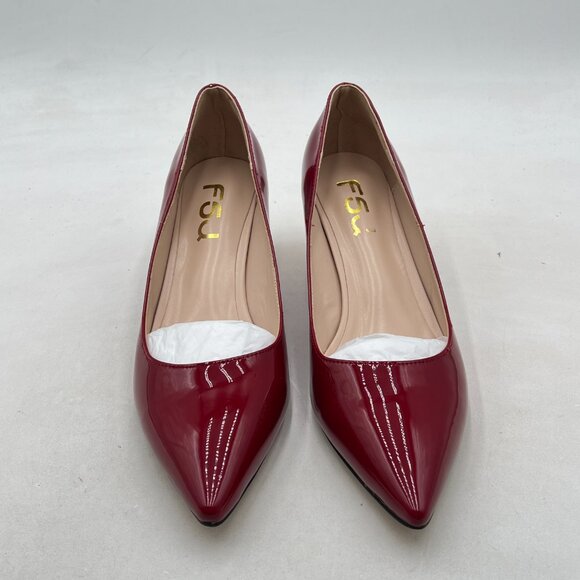 FSJ Dark Red Bridal Pointed Toe Chunky Block Low Heel Crystal Pumps Slip on Shoe - Picture 3 of 8